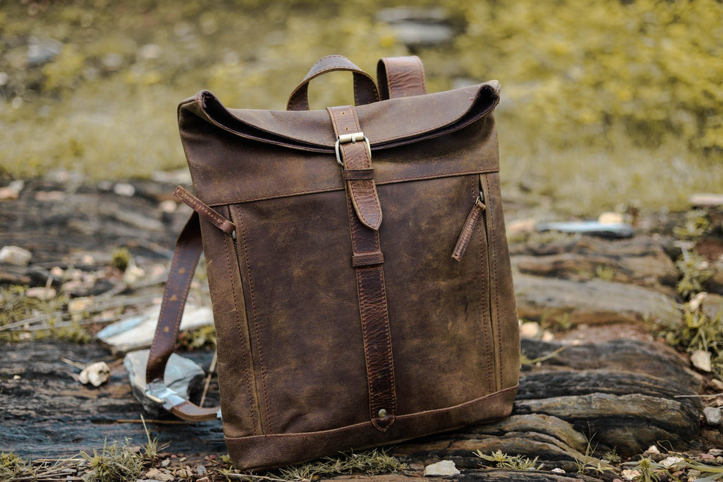 vintage brown leather backpack