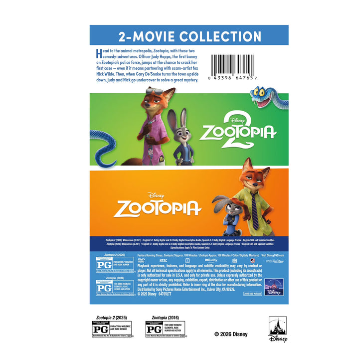 Zootopia 2 and Zootopia - Multi-Feature (2 Disc) - (DVD) Disney , Adventure, Animated, Comedy