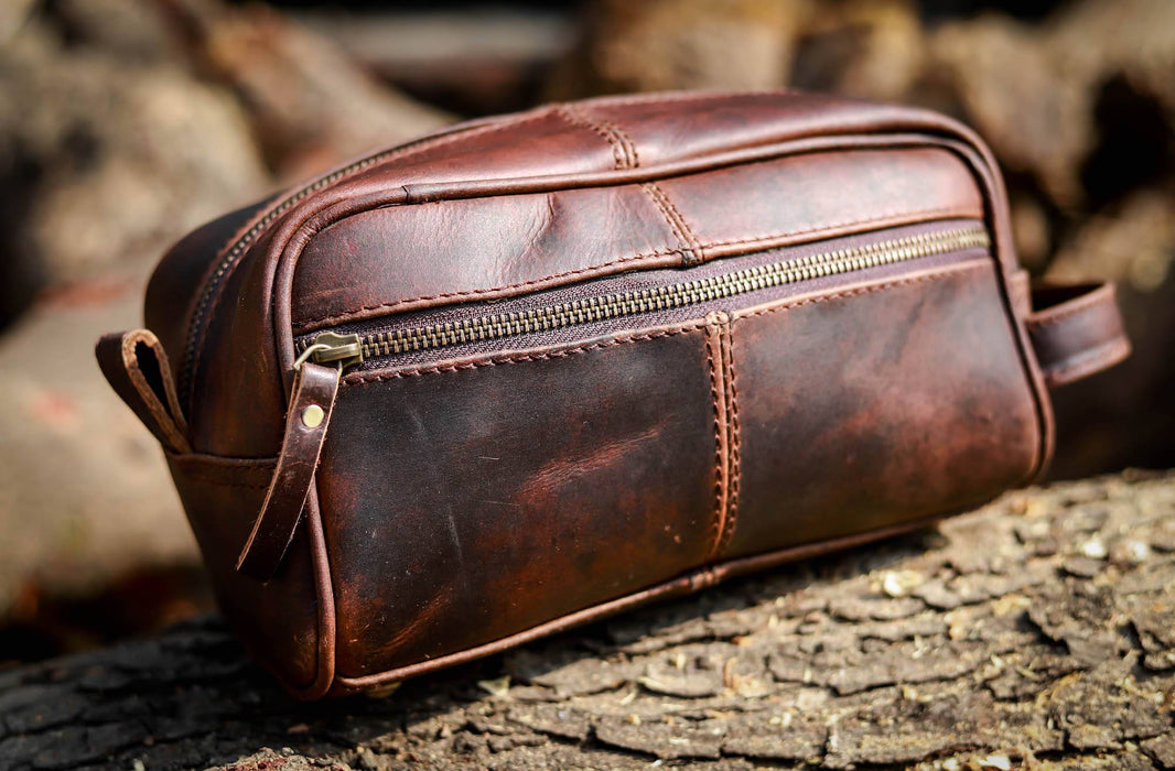 Luxury Premium Leather Hand Crafted Brown Washbag Toiletry Bag 