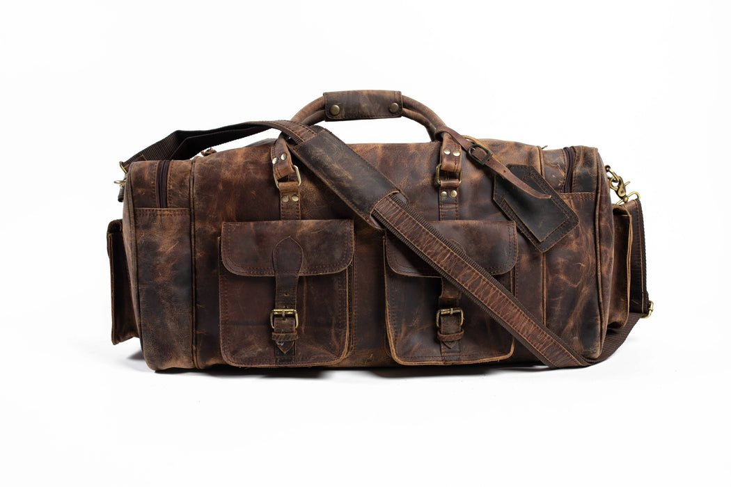 Rugged leather duffel for men